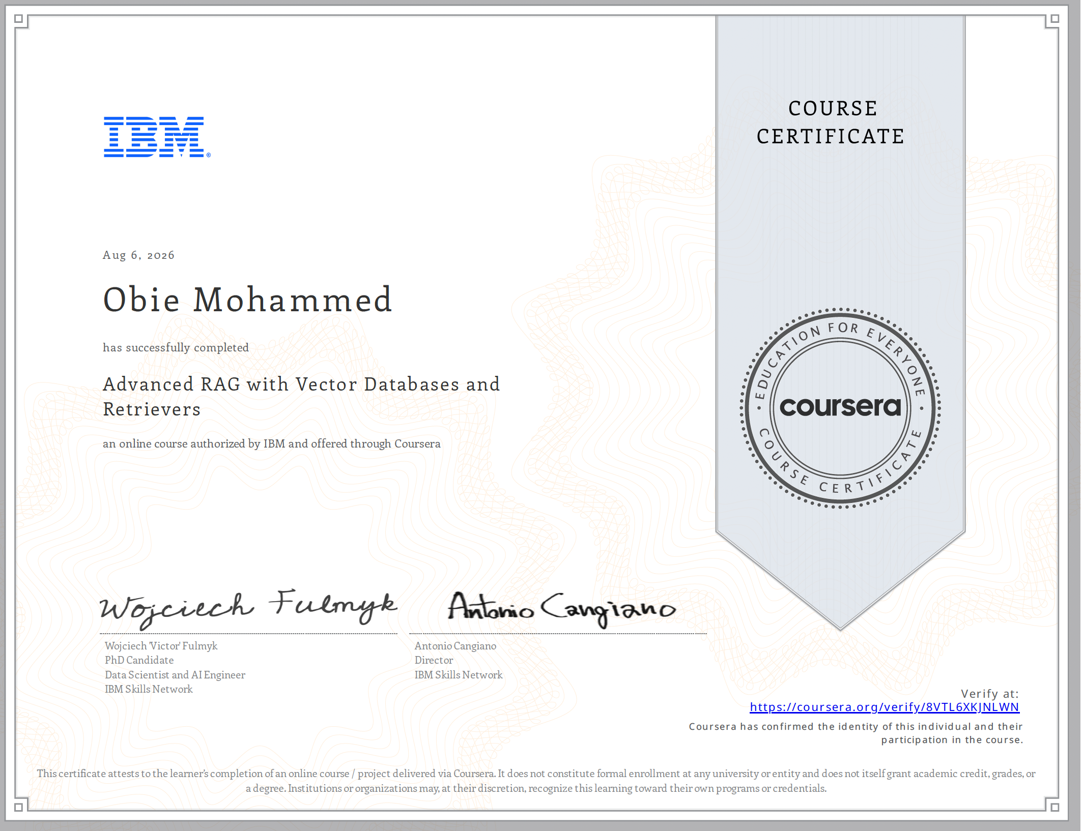 Certificate for Advanced RAG with Vector Databases and Retrievers