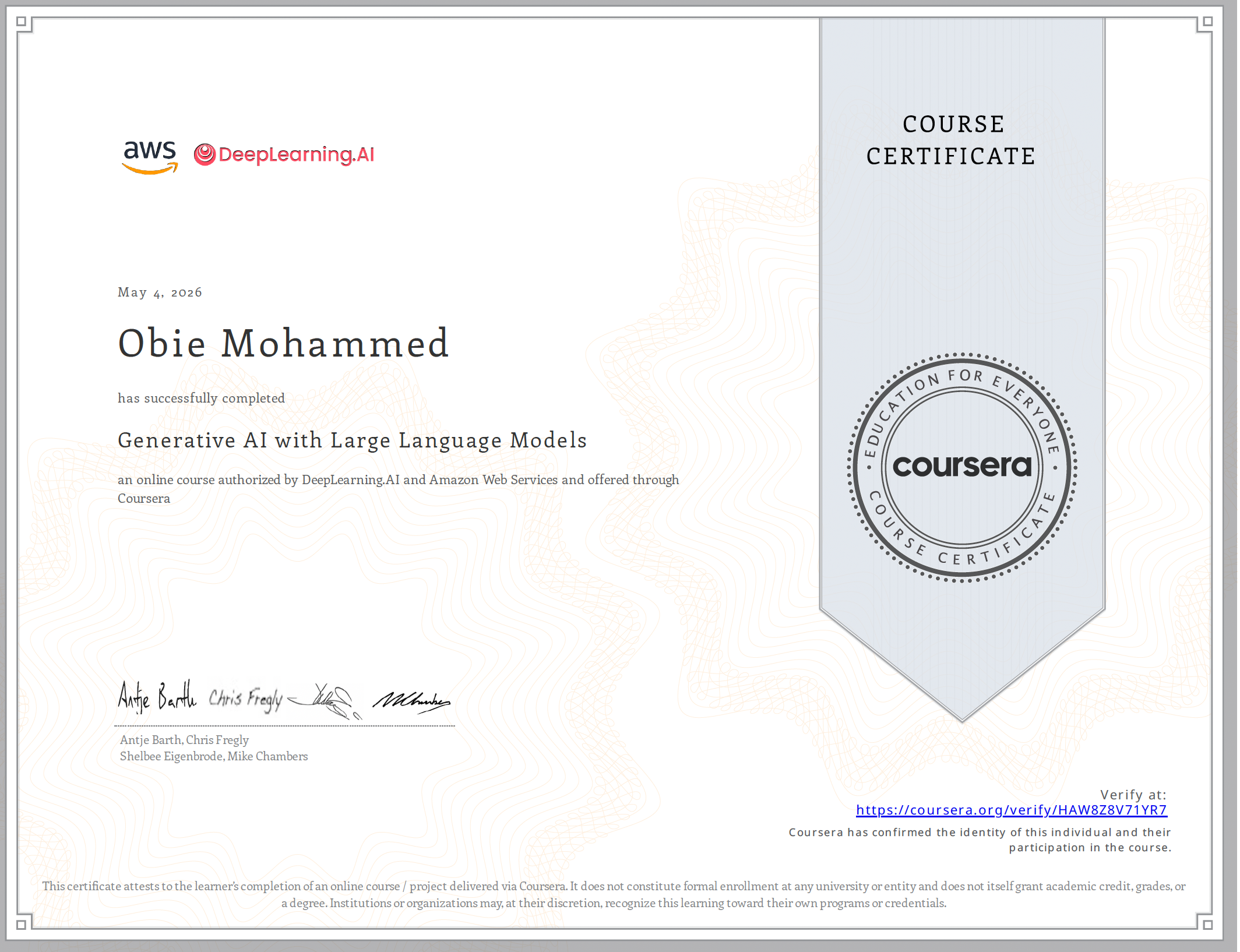 Certificate for Generative AI with Large Language Models