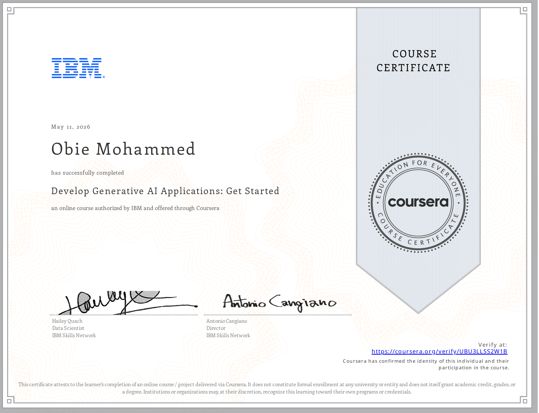 Certificate for Develop Generative AI Applications: Get Started