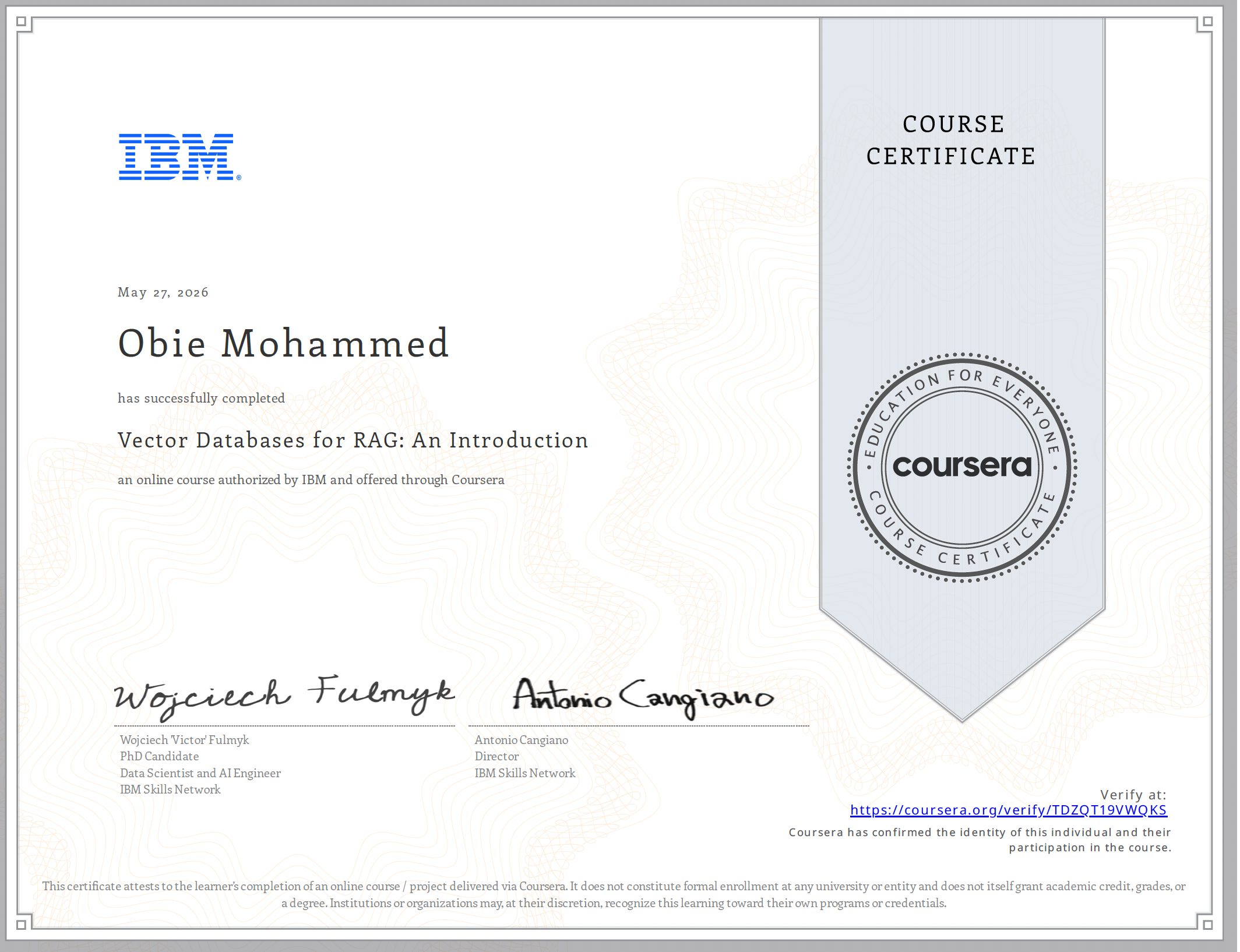Certificate for Vector Databases for RAG: An Introduction